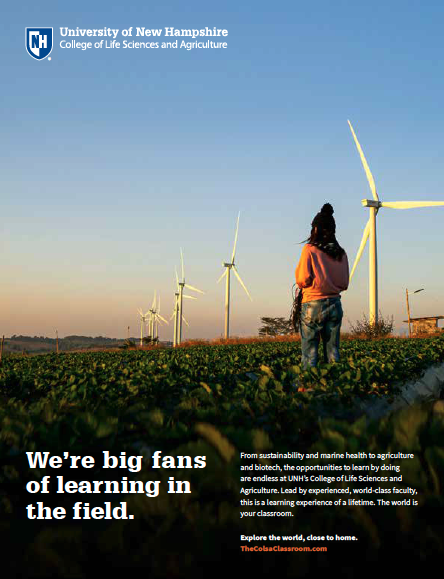 Print ad for UNH COLSA with headline "We're big fans of learning in the field"