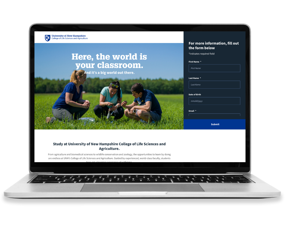 UNH COLSA Recruitment Campaign Landing Page with headline "Here, the world is your classroom"