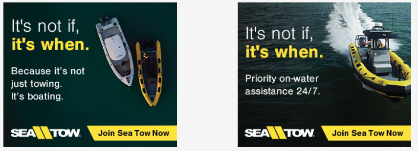Two Sea Tow digital banner concepts with "It's not if, it's when" headline