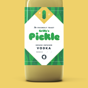 Mock up of The Friendly Toast's Grillo's Pickle house-infused vodka