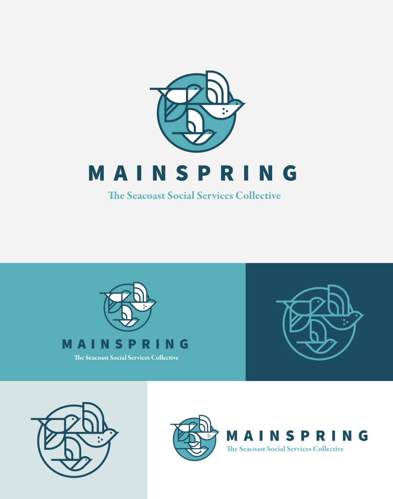 Multiple versions of the Mainspring logo in many colors